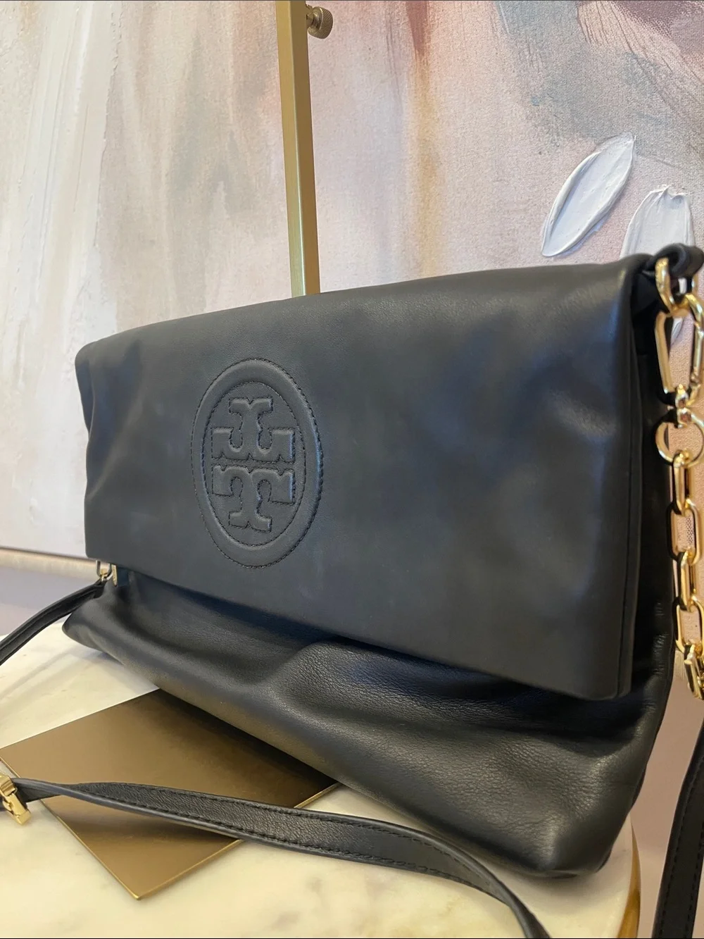 Gorgeous Tory Burch Black Leather Foldover Crossbody with Crossbody